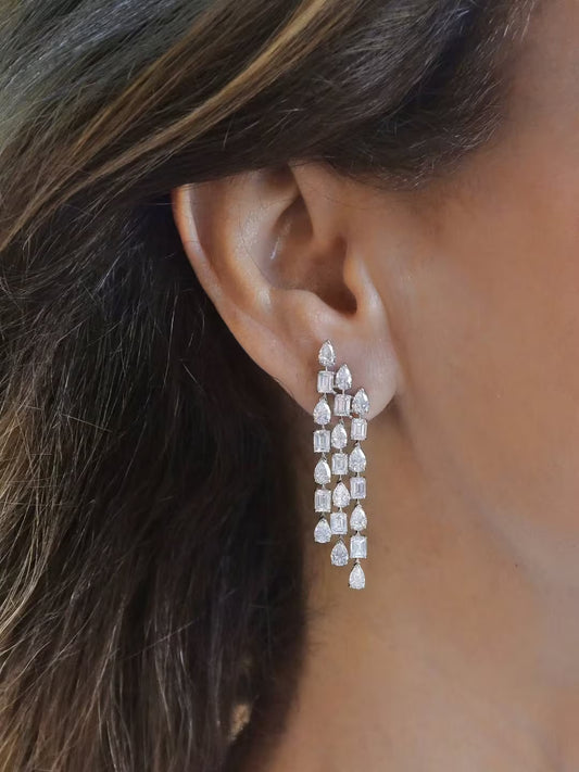 Elegant silver long drop earrings with white zircon stones