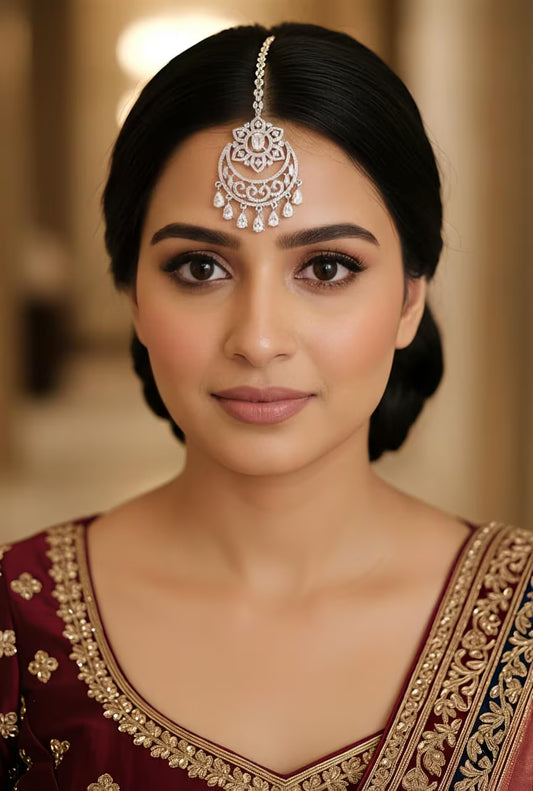 Silver Chandani zircon maang tikka close up design
