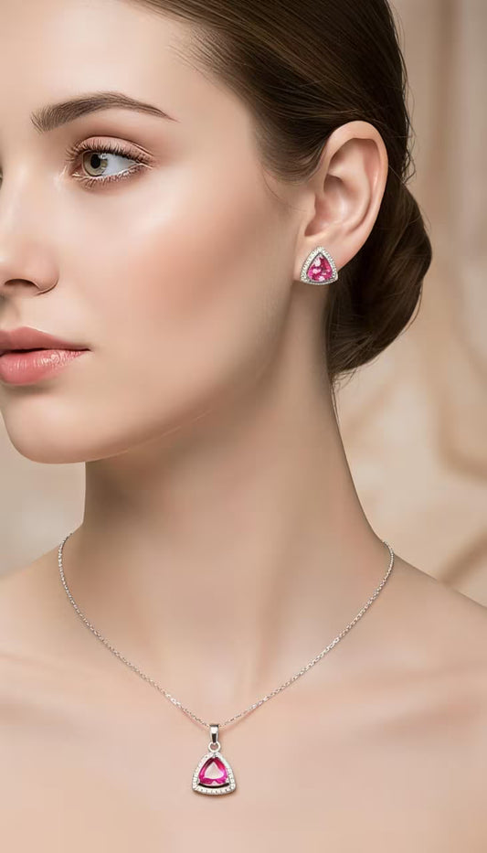 Soft Pink Teardrop Charm Silver Pendant Set with matching earrings for women – elegant jewellery by Karat India