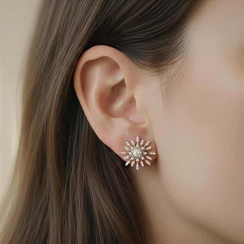 Starburst silver stud earrings with AAA zirconia stones by Karat India
